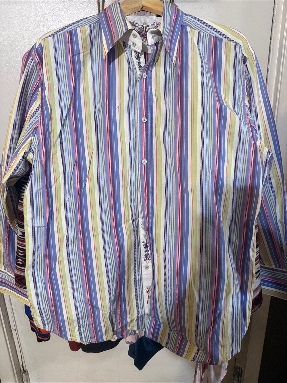 Robert Graham Striped Button-Up Shirt in Blue, Yellow, Red, Green, Purple